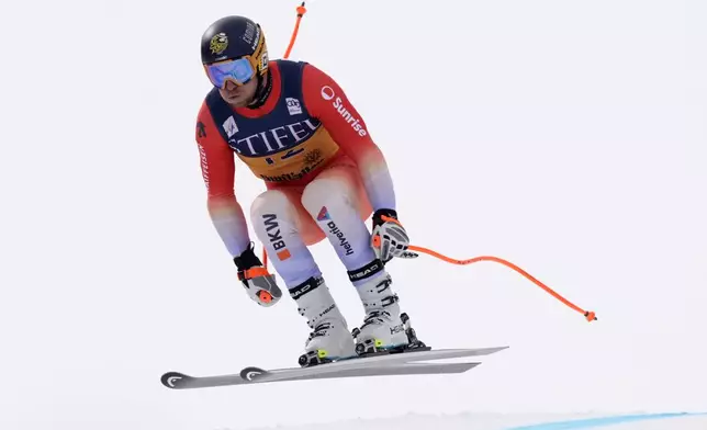 Switzerland's Justin Murisier skis in a men's downhill training run at the World Cup Finals, Friday, March 21, 2025, in Sun Valley, Idaho. (AP Photo by Robert F. Bukaty)