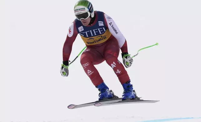 Austria's Otmar Striedinger skis in a men's downhill training run at the World Cup Finals, Friday, March 21, 2025, in Sun Valley, Idaho. (AP Photo by Robert F. Bukaty)