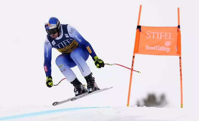 Italy's Dominik Paris skis in a men's downhill training run at the World Cup Finals, Friday, March 21, 2025, in Sun Valley, Idaho. (AP Photo by Robert F. Bukaty)