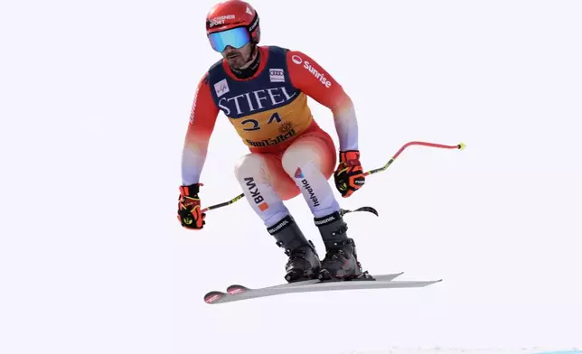 Switzerland's Loic Meillard skis in a men's downhill training run at the World Cup Finals, Friday, March 21, 2025, in Sun Valley, Idaho. (AP Photo by Robert F. Bukaty)