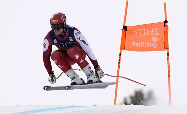 Austria's Stefan Eichberger skis in a men's downhill training run at the World Cup Finals, Friday, March 21, 2025, in Sun Valley, Idaho. (AP Photo by Robert F. Bukaty)