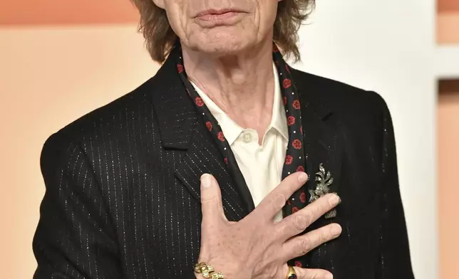 Mick Jagger arrives at the Vanity Fair Oscar Party on Sunday, March 2, 2025, at the Wallis Annenberg Center for the Performing Arts in Beverly Hills, Calif. (Photo by Evan Agostini/Invision/AP)