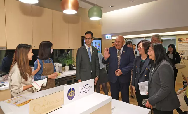 Dr Saia Ma’u Piukala, WHO’s Regional Director for the Western Pacific (3rd right), Imelda Chan, Head of Charities (Positive Ageing &amp; Elderly Care; and Healthy Community) of The Hong Kong Jockey Club (1st right), and Brian San, Co-secretary General of IoP (3rd left), tour the Jockey Club CADENZA Hub to learn more about its day care and primary care services such as dietetic cooking class and Chinese medicine clinic.