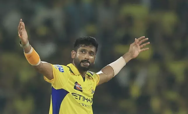 Chennai Super Kings' Khaleel Ahmed celebrates the dismissal of Royal Challengers Bengaluru's Jitesh Sharma during the Indian Premier League cricket match between Chennai Super Kings and Royal Challengers Bengaluru at M. A. Chidambaram Stadium in Chennai, India, Friday, March 28, 2025. (AP Photo/R. Parthibhan)
