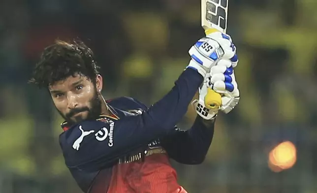 Royal Challengers Bengaluru's captain Rajat Patidar plays a shot during the Indian Premier League cricket match between Chennai Super Kings and Royal Challengers Bengaluru at M. A. Chidambaram Stadium in Chennai, India, Friday, March 28, 2025. (AP Photo/R. Parthibhan)