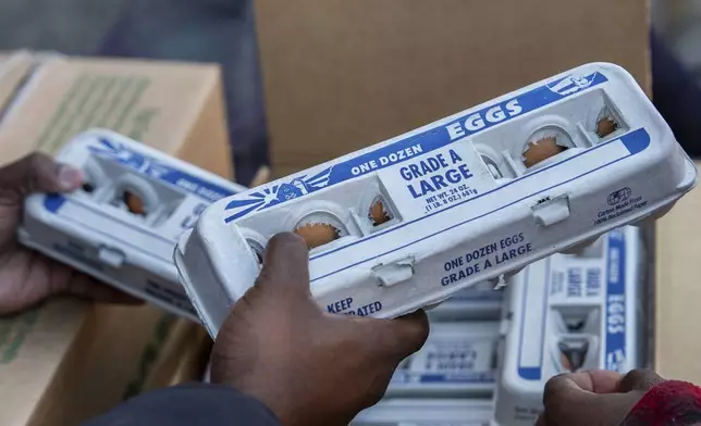Abou Sow hands out cartons of eggs to people waiting in line to receive free eggs from FarmerJawn Agriculture, Friday, March 21, 2025, in the Harlem neighborhood of New York. (AP Photo/Julia Demaree Nikhinson)