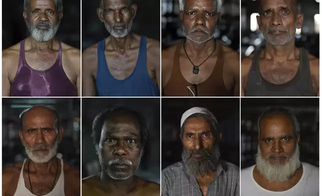 This combination photo shows portraits of power loom operators shot in February 2025 in Bhiwandi, India; From left, top row, Mohammed Amin Ansari 65, Abdul Qayoom 55, Lalmanth Ramdas Paswan, 55, Talim shah, 60; From left, bottom row, Mohammed Ibrahim 60, Mohammed Ilyyas, 65, Abdul Kamaluddin, 69, and Nissar Ahmad 50. (AP Photo/Rafiq Maqbool)