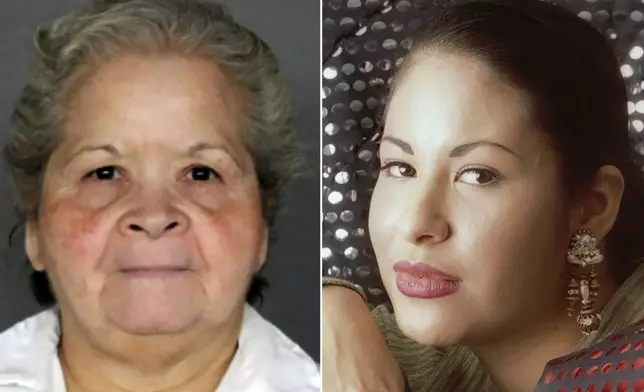 This combination of photos shows Yolanda Saldívar, who is serving a life sentence at the Patrick L. O'Daniel Unit prison in Gatesville, Texas, left, and Tejano music star Selena posing in Corpus Christi, Texas on March 7, 1995. (Texas Department of Criminal Justice via AP, left, and Paul Howell,/Houston Chronicle via AP)