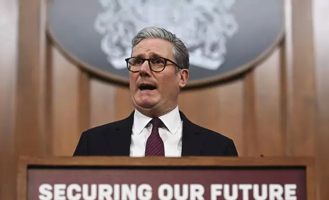 Britain's Prime Minister Keir Starmer speaks at a press conference following this morning's virtual summit video conference at 10 Downing Street in London, England, March 15, 2025. (Leon Neal/Pool Photo via AP)