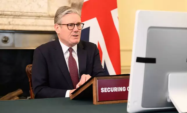Britain's Prime Minister Keir Starmer speaks with European leaders at the beginning of a video conference at 10 Downing Street in London, England, March 15, 2025. (Leon Neal/Pool Photo via AP)