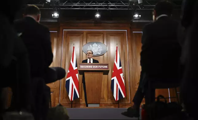 Britain's Prime Minister Keir Starmer speaks at a press conference following this morning's virtual summit video conference at 10 Downing Street in London, England, March 15, 2025. (Leon Neal/Pool Photo via AP)