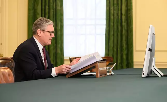 Britain's Prime Minister Keir Starmer speaks with European leaders at the beginning of a video conference at 10 Downing Street in London, England, March 15, 2025. (Leon Neal/Pool Photo via AP)