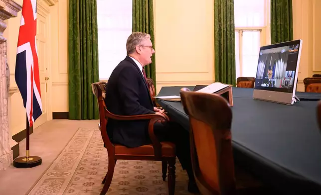 Britain's Prime Minister Keir Starmer speaks with European leaders at the beginning of a video conference at 10 Downing Street in London, England, March 15, 2025. (Leon Neal/Pool Photo via AP)