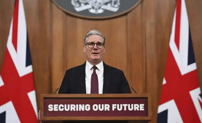 Britain's Prime Minister Keir Starmer speaks at a press conference following this morning's virtual summit video conference at 10 Downing Street in London, England, March 15, 2025. (Leon Neal/Pool Photo via AP)