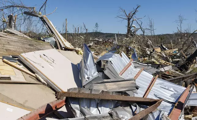 Well known community member Dunk Pickering perished at this warehouse site where he often hosted community members on Dallas County 63, Monday, March 17, 2025, in Plantersville, Ala, following deadly tornados that hit the area Saturday. (AP Photo/Vasha Hunt)