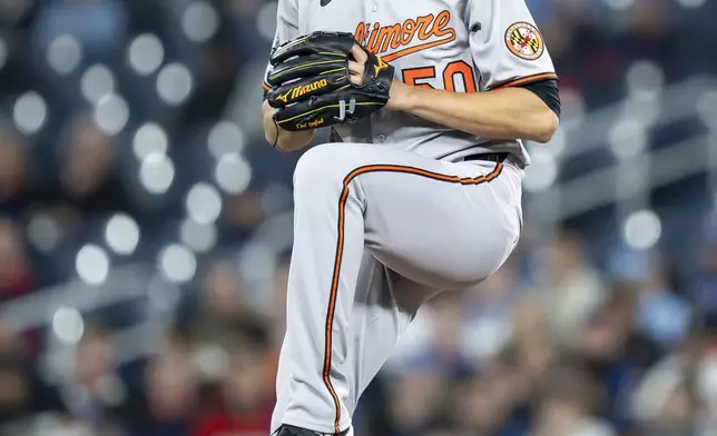 Baltimore Orioles pitcher Charlie Morton works against the Toronto Blue Jays during first-inning baseball game action in Toronto, Friday, March 28, 2025. (Christopher Katsarov/The Canadian Press via AP)