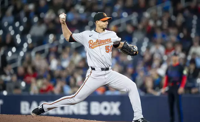 Baltimore Orioles pitcher Charlie Morton works against the Toronto Blue Jays during first-inning baseball game action in Toronto, Friday, March 28, 2025. (Christopher Katsarov/The Canadian Press via AP)