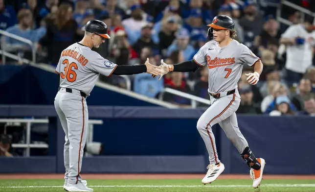 Baltimore Orioles' Jackson Holliday (7) celebrates after his solo home run against the Toronto Blue Jays with third base coach Tony Mansolino (36) during third-inning baseball game action in Toronto, Friday, March 28, 2025. (Christopher Katsarov/The Canadian Press via AP)