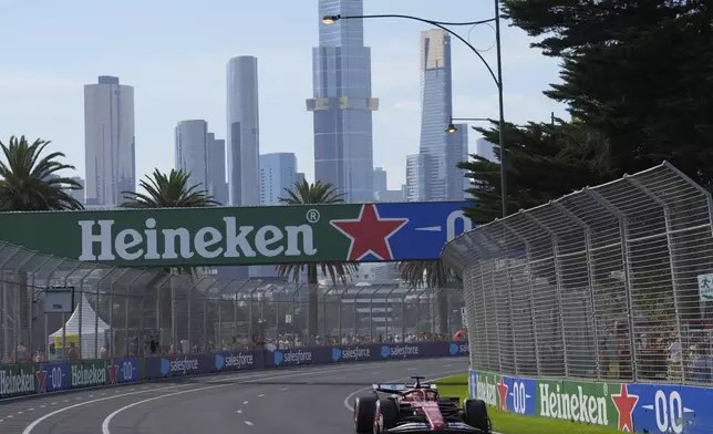 Ferrari driver Charles Leclerc of Monaco steers his car during the second practice session for the Australian Formula One Grand Prix at Albert Park, in Melbourne, Australia, Friday, March 14, 2025. (AP Photo/Asanka Brendon Ratnayake)