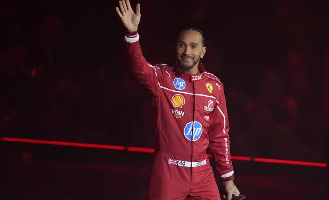 FILE - Ferrari driver Lewis Hamilton of Britain attends the F1 75 Live launch event at the O2 arena in London, Tuesday, Feb. 18, 2025. (AP Photo/Kin Cheung, File)