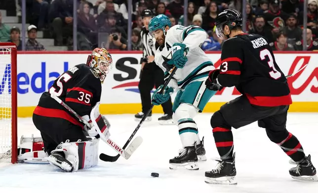 Ottawa Senators goaltender Linus Ullmark (35) makes a save on San Jose Sharks' Luke Kunin (11) during first period NHL hockey action in Ottawa, on Saturday, March 1, 2025. (Justin Tang/The Canadian Press via AP)
