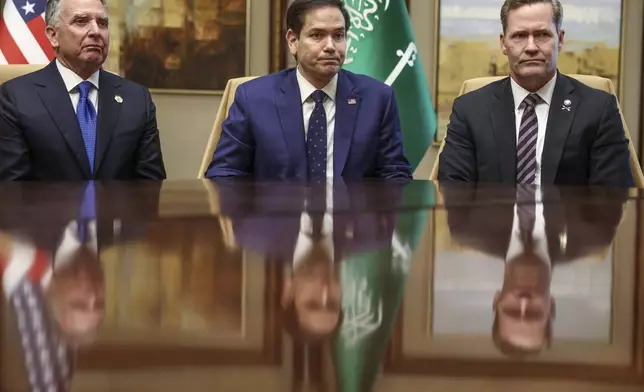 FILE - U.S. Secretary of State Marco Rubio, U.S. national security adviser Mike Waltz and U.S. Middle East envoy Steve Witkoff attend an interview after meeting with Russian Foreign Minister Sergei Lavrov and Russian President Vladimir Putin's foreign policy adviser Yuri Ushakov, at Diriyah Palace, in Riyadh, Saudi Arabia, Feb. 18, 2025. (Evelyn Hockstein/Pool Photo via AP, File)