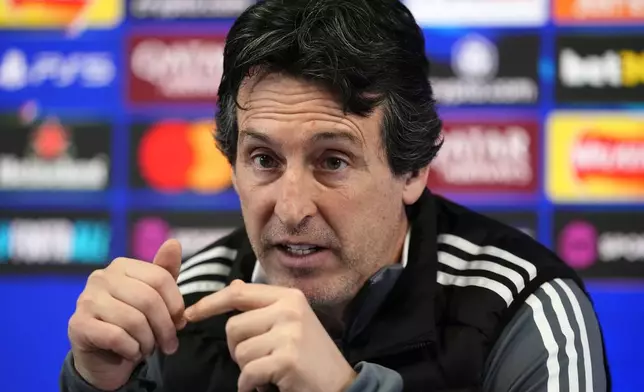 Aston Villa manager Unai Emery speaks during a press conference at Bodymoor Heath Training Ground, Birmingham, England, Tuesday March 11, 2025, one day ahead of their Champions League round of 16, second leg soccer match against Brugge. (Nick Potts/PA via AP)