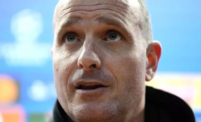 Club Brugge manager Nicky Hayen speaks during a press conference at Villa Park in Birmingham, England, Tuesday March 11, 2025, one day ahead of their Champions League round of 16, second leg soccer match against Aston Villa. (Nick Potts/PA via AP)