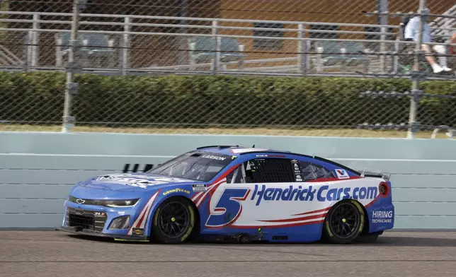 Kyle Larson drives during a NASCAR Cup Series auto race at Homestead-Miami Speedway in Homestead, Fla., Sunday, March 23, 2025. (AP Photo/Terry Renna)