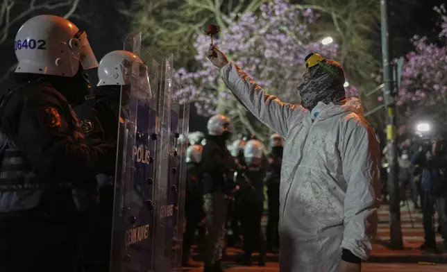 A protesters holds up a flower as stands in front of riot police officers during a protest against the arrest of Istanbul's Mayor Ekrem Imamoglu, in Istanbul, Turkey, Saturday, March 22, 2025. (AP Photo/Francisco Seco)