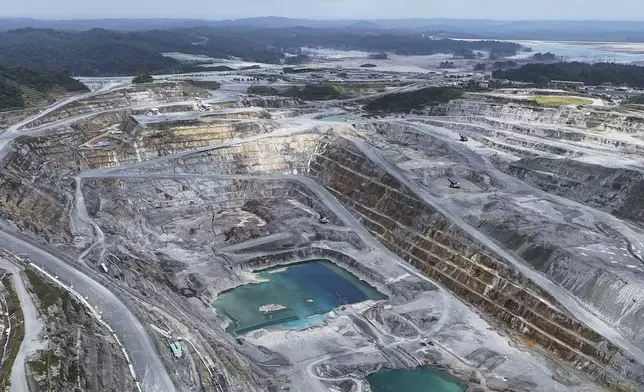 Tailing ponds are seen during a media tour of the Cobre Panamá copper mine, owned by Canada's First Quantum Minerals, which was closed after Panama's Supreme Court ruled that the government concession was unconstitutional in Donoso, Panama, Friday, March 21, 2025. (AP Photo/Matias Delacroix)