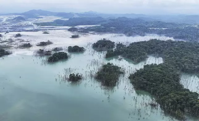 A view of the tailing management ponds in the Cobre Panama copper mine, owned by Canada's First Quantum Minerals, in Donoso, Panama, Friday, March 21, 2025, during a media tour of the mine that was closed after Panama's Supreme Court ruled that the government concession was unconstitutional. (AP Photo/Matias Delacroix)