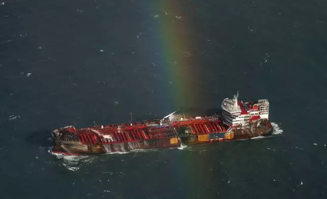 The damaged MV Stena Immaculate tanker at anchor off the Yorkshire coast in the North Sea, Tuesday, March 11, 2025 in England. (Dan Kitwood/Pool Photo via AP)