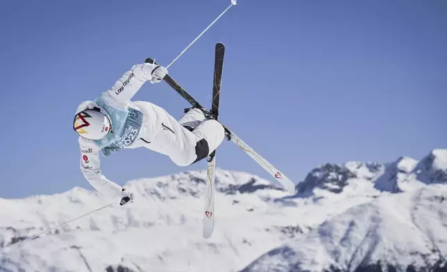 Canada's Mikael Kingsbury competes in the men's moguls at the Freestyle World Championships in St. Moritz, Switzerland, Wednesday, March 19, 2025. (Gian Ehrenzeller/Keystone via AP)