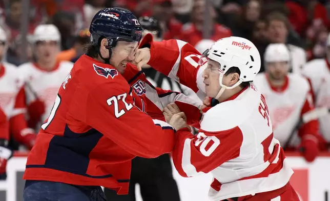 Detroit Red Wings right wing Dominik Shine, right, fights Washington Capitals right wing Brandon Duhaime (22) during the first period of an NHL hockey game, Friday, March 7, 2025, in Washington. (AP Photo/Nick Wass)