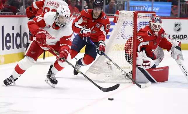 Detroit Red Wings center Tyler Motte (14) skates with the puck against Washington Capitals left wing Pierre-Luc Dubois (80) and goaltender Logan Thompson (48) during the second period of an NHL hockey game, Friday, March 7, 2025, in Washington. (AP Photo/Nick Wass)