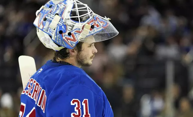 New York Rangers goaltender Igor Shesterkin skates during the second period of an NHL hockey game against the Toronto Maple Leafs, Thursday, March 20, 2025, in New York. (AP Photo/Julia Demaree Nikhinson)