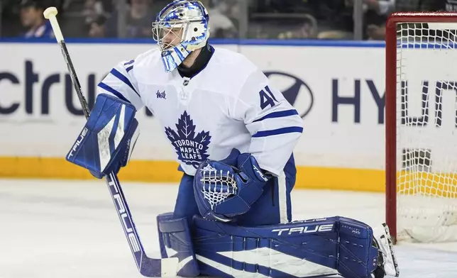 Toronto Maple Leafs goaltender Anthony Stolarz guards the goal during the first period of an NHL hockey game against the New York Rangers, Thursday, March 20, 2025, in New York. (AP Photo/Julia Demaree Nikhinson)