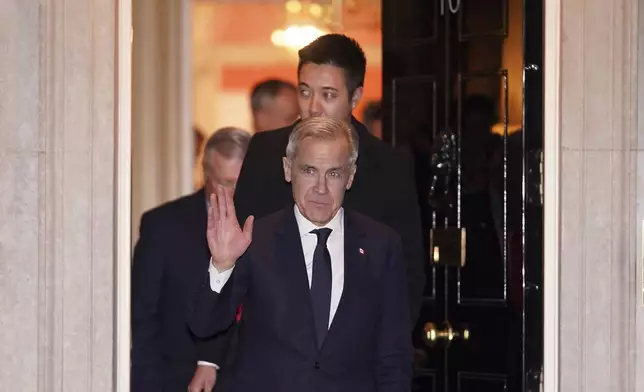 Canada's Prime Minister Mark Carney leaves 10 Downing Street after a meeting with Britain's Prime Minister Keir Starmer in London, Monday, March 17, 2025.(AP Photo/Alberto Pezzali)