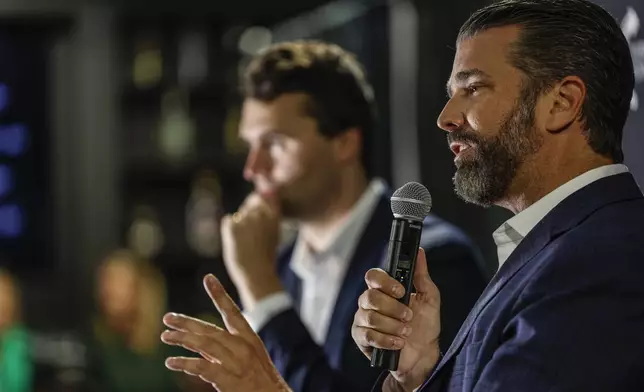 Donald Trump Jr. speaks during a town hall meeting Monday, March 17, 2025, in Oconomowoc, Wis. (AP Photo/Jeffrey Phelps)