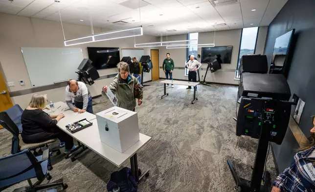 People cast their ballots during early voting in Waukesha, Wis., Tuesday, March 18, 2025. (AP Photo/Jeffrey Phelps)
