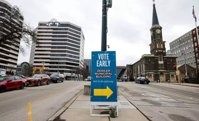 A sign along a street in Milwaukee, Wis., Tuesday, March 18, 2025. (AP Photo/Jeffrey Phelps)