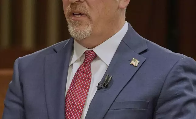 Wisconsin Supreme Court candidate Brad Schimel participates in a debate against Susan Crawford, Wednesday, March 12, 2025, in Milwaukee. (AP Photo/Morry Gash)