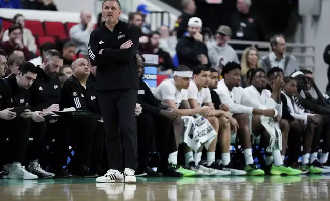 Mississippi State head coach Chris Jans watches during the first half in the first round of the NCAA college basketball tournament against Baylor, Friday, March 21, 2025, in Raleigh, N.C. (AP Photo/Stephanie Scarbrough)