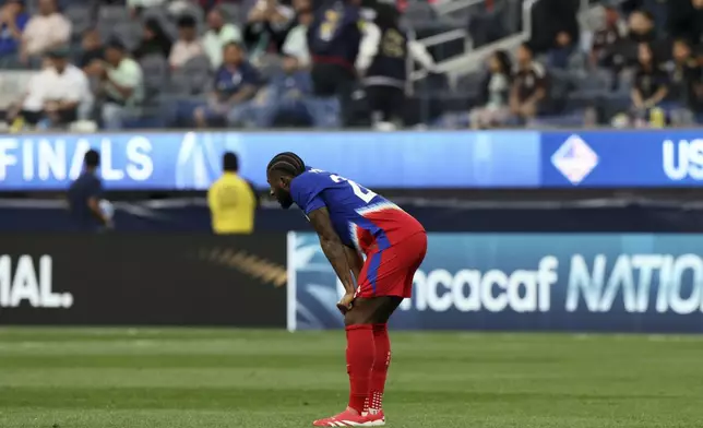 United States' Mark Mc Kenzie reacts after his team's loss against Panama at the end of the second half of a CONCACAF Nations League semifinal soccer match Thursday, March 20, 2025, in Inglewood, Calif. (AP Photo/Etienne Laurent)