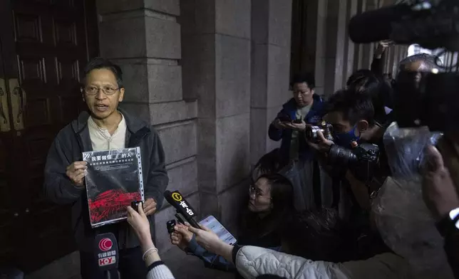 Tang Ngok-kwan, one of core members of the Hong Kong Alliance in Support of Patriotic Democratic Movements of China, speaks to the members of the media, at the Court of Final Appeal in Hong Kong, Thursday, March 6, 2025. (AP Photo/Chan Long Hei)