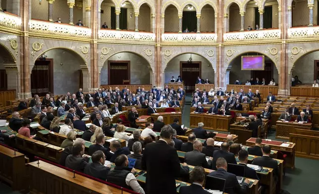 Representatives vote during the plenary session of the Hungarian parliament in Budapest, Hungary, Tuesday, March 18, 2025. (Boglarka Bodnar/MTI via AP)