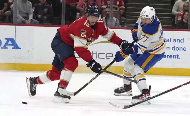 Buffalo Sabres right wing JJ Peterka (77) attempts a shot on the goal as Florida Panthers center Anton Lundell (15) defends during the first period of an NHL hockey game, Saturday, March 8, 2025, in Sunrise, Fla. (AP Photo/Lynne Sladky)