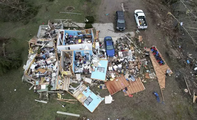 Destruction from a severe storm is seen Saturday, March 15, 2025, in Wayne County, Mo. (AP Photo/Jeff Roberson)