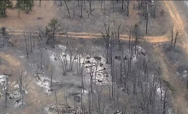 This image provided by shows aerials over the damage caused by the wildfires in Logan County, Okla. (KOCO via AP)